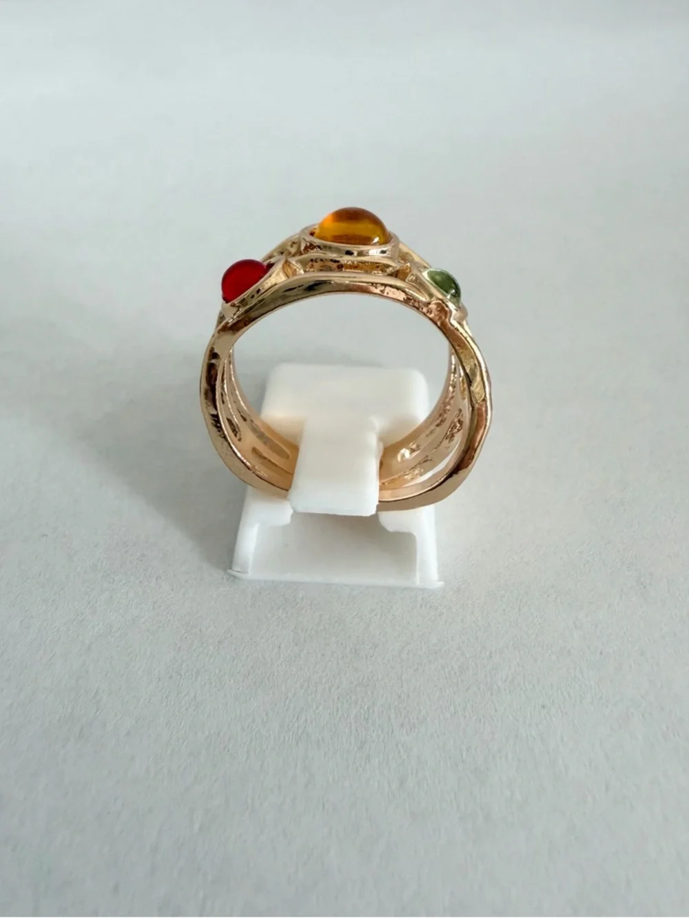 BNIB - Gold Tone Multi-Stone Cocktail Ring with Yellow, Red & Green Cabochons
